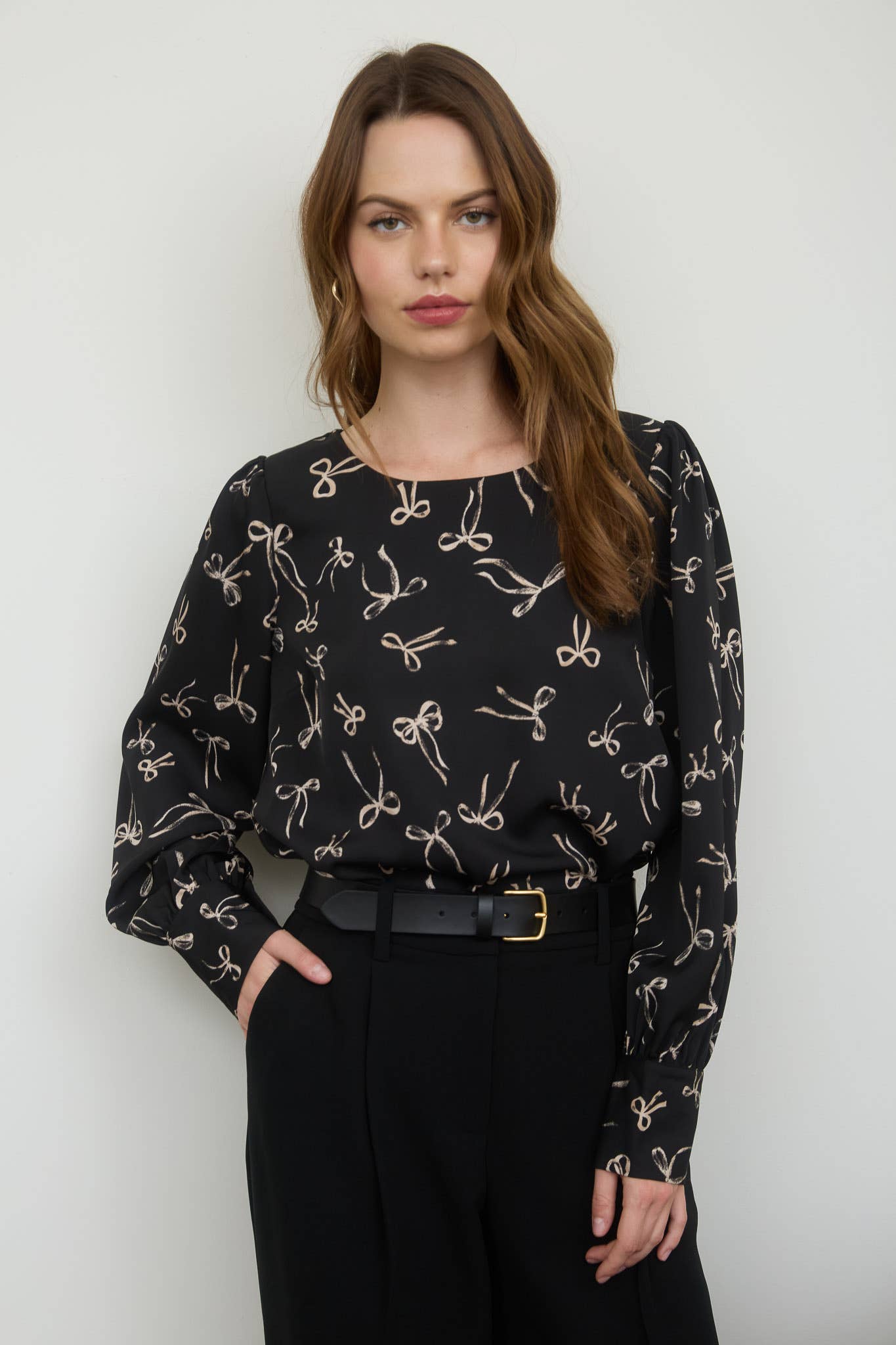 BOW PATTERN ROUND NECK LONG SLEEVE BLOUSE