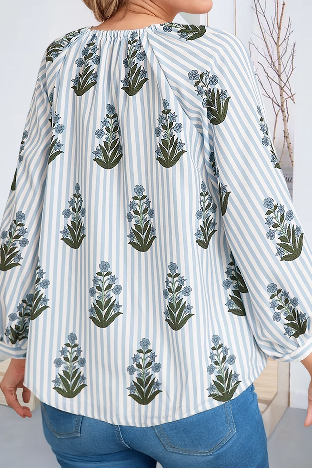 Striped Floral Printed Long Sleeve Tied V Neck Blouse (S-XL)