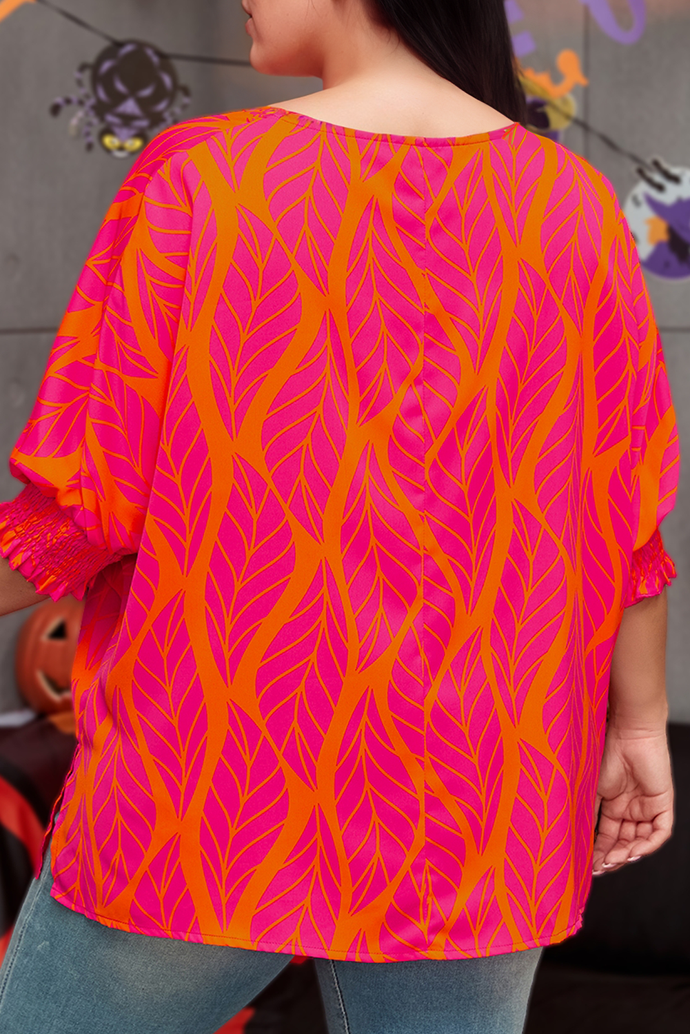 Plus Size Leaf Printed Smocked Lantern Sleeve Blouse (S-4X)