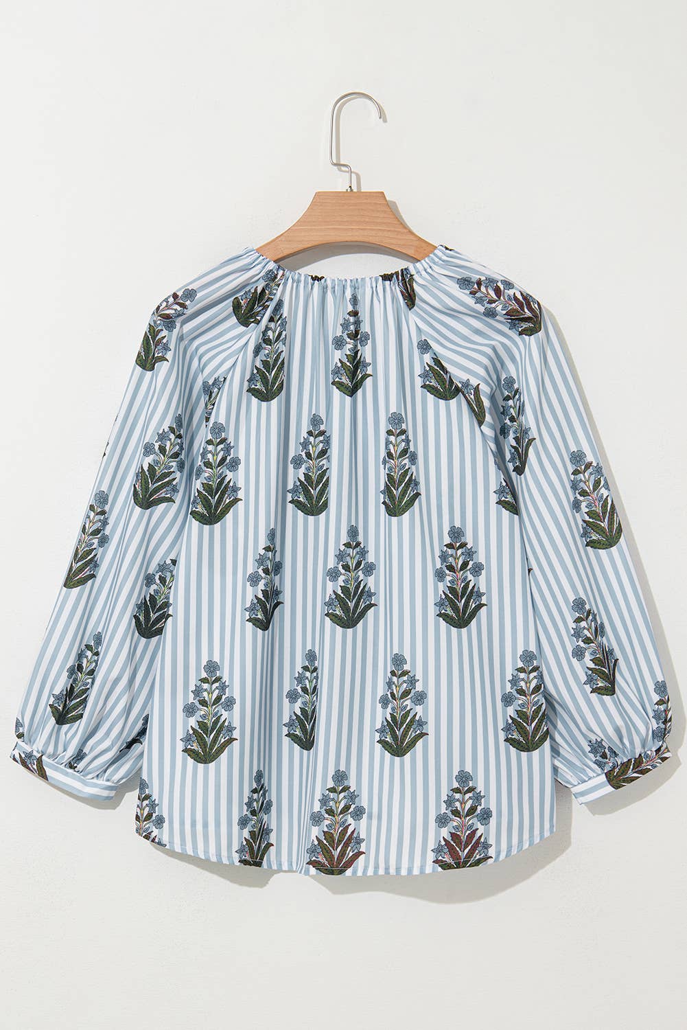 Striped Floral Printed Long Sleeve Tied V Neck Blouse (S-XL)