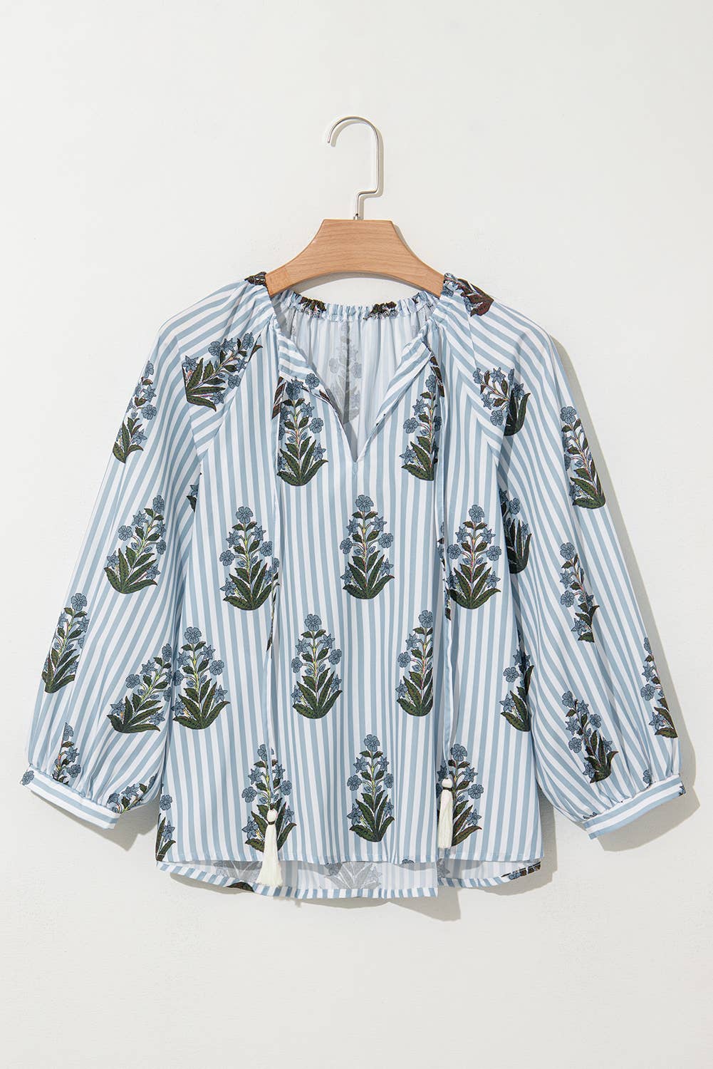 Striped Floral Printed Long Sleeve Tied V Neck Blouse (S-XL)