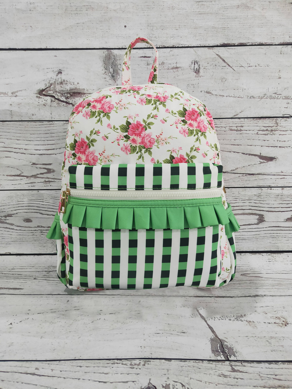 Green Checkered Ruffle Flower Printed Backpack