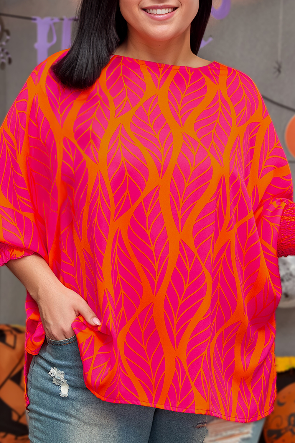Plus Size Leaf Printed Smocked Lantern Sleeve Blouse (S-4X)