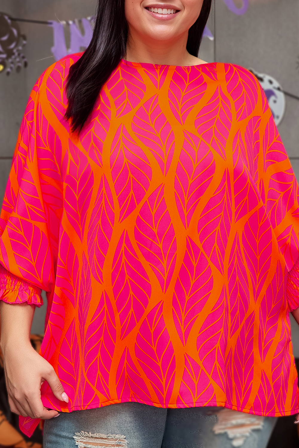 Plus Size Leaf Printed Smocked Lantern Sleeve Blouse (S-4X)