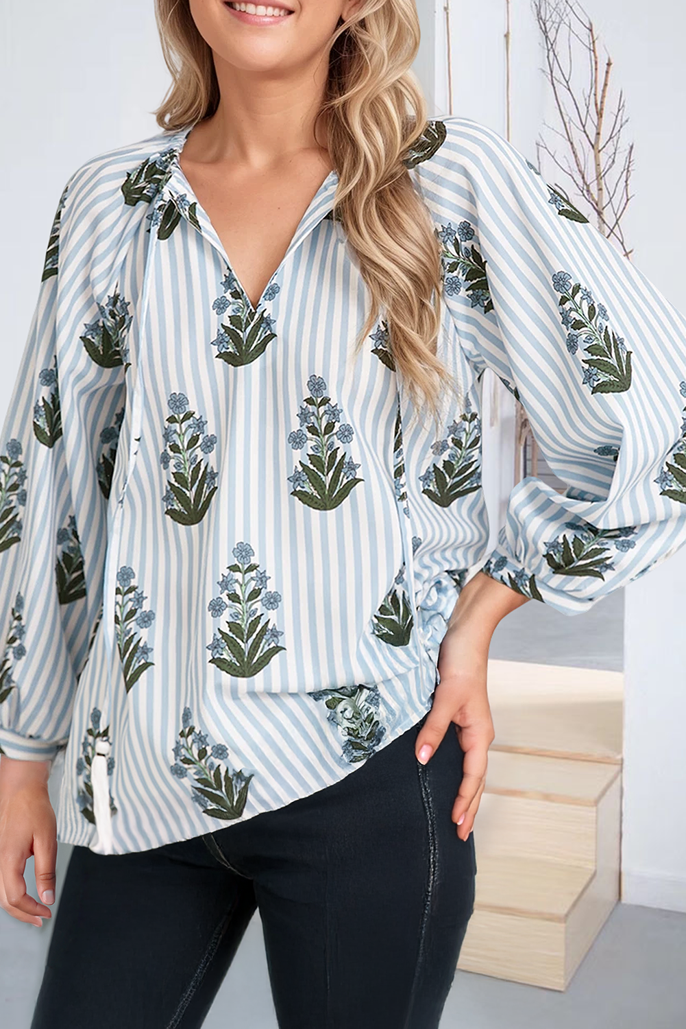 Striped Floral Printed Long Sleeve Tied V Neck Blouse (S-XL)