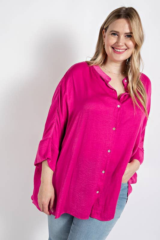 Plus Washed Satin Button Down Loose Fit Top