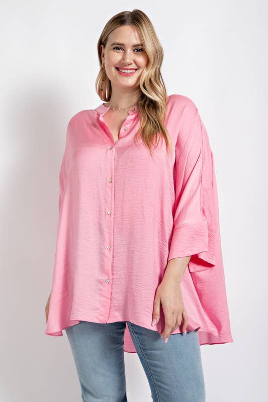 Plus Washed Satin Button Down Loose Fit Top