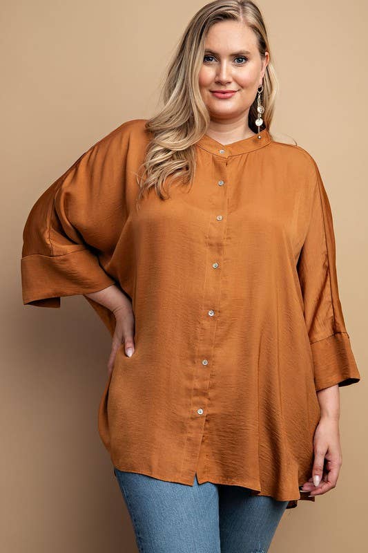 Plus Washed Satin Button Down Loose Fit Top