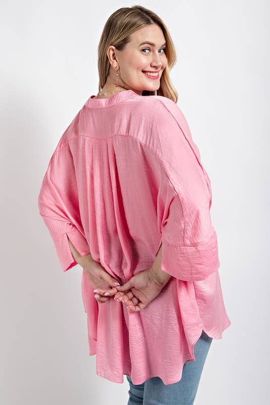 Plus Washed Satin Button Down Loose Fit Top