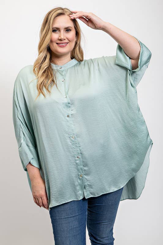 Plus Washed Satin Button Down Loose Fit Top