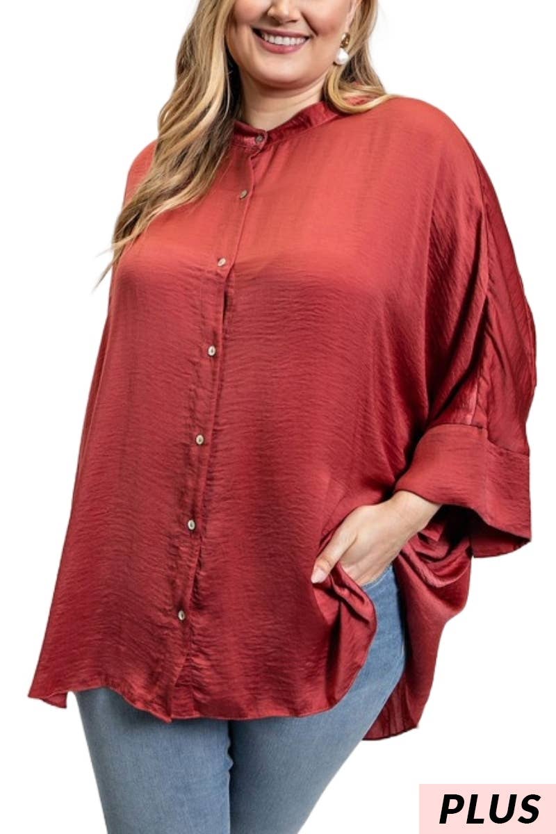 Plus Washed Satin Button Down Loose Fit Top
