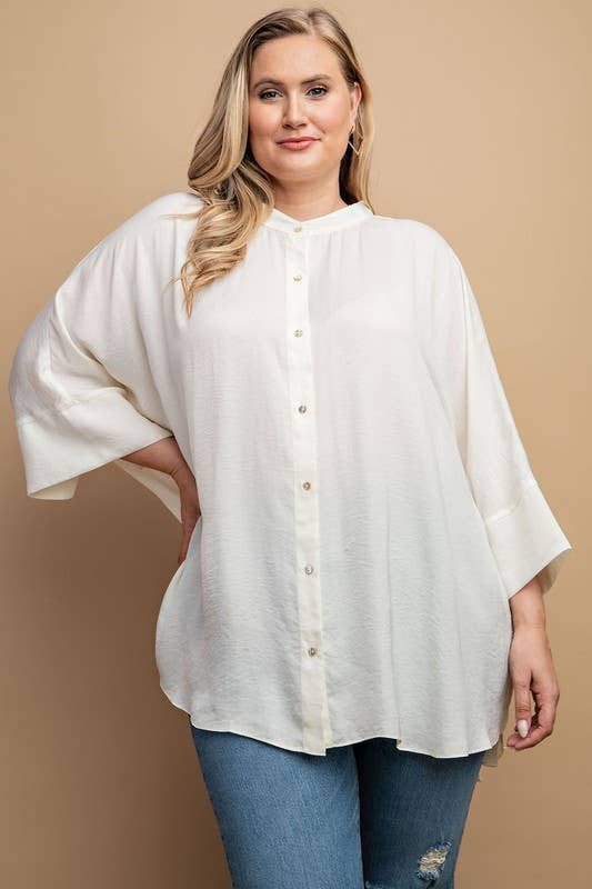 Plus Washed Satin Button Down Loose Fit Top