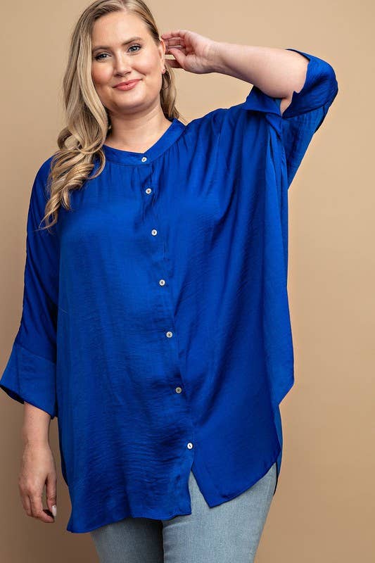 Plus Washed Satin Button Down Loose Fit Top