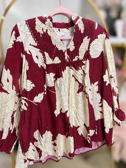 Bloom in Style Top - Brown Wine/Burgundy