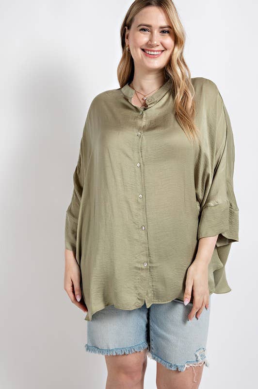 Plus Washed Satin Button Down Loose Fit Top