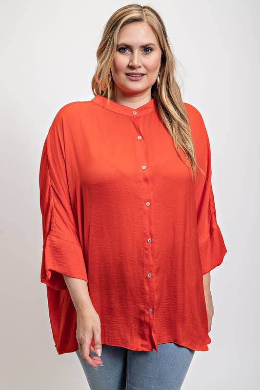 Plus Washed Satin Button Down Loose Fit Top