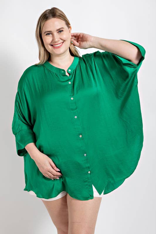 Plus Washed Satin Button Down Loose Fit Top