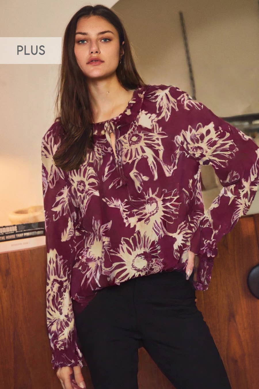 Plus Floral Print Peasant Blouse